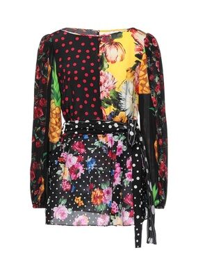 Dolce & Gabbana Black Mixed-Print Wrap Blouse with Yellow and Green Accents